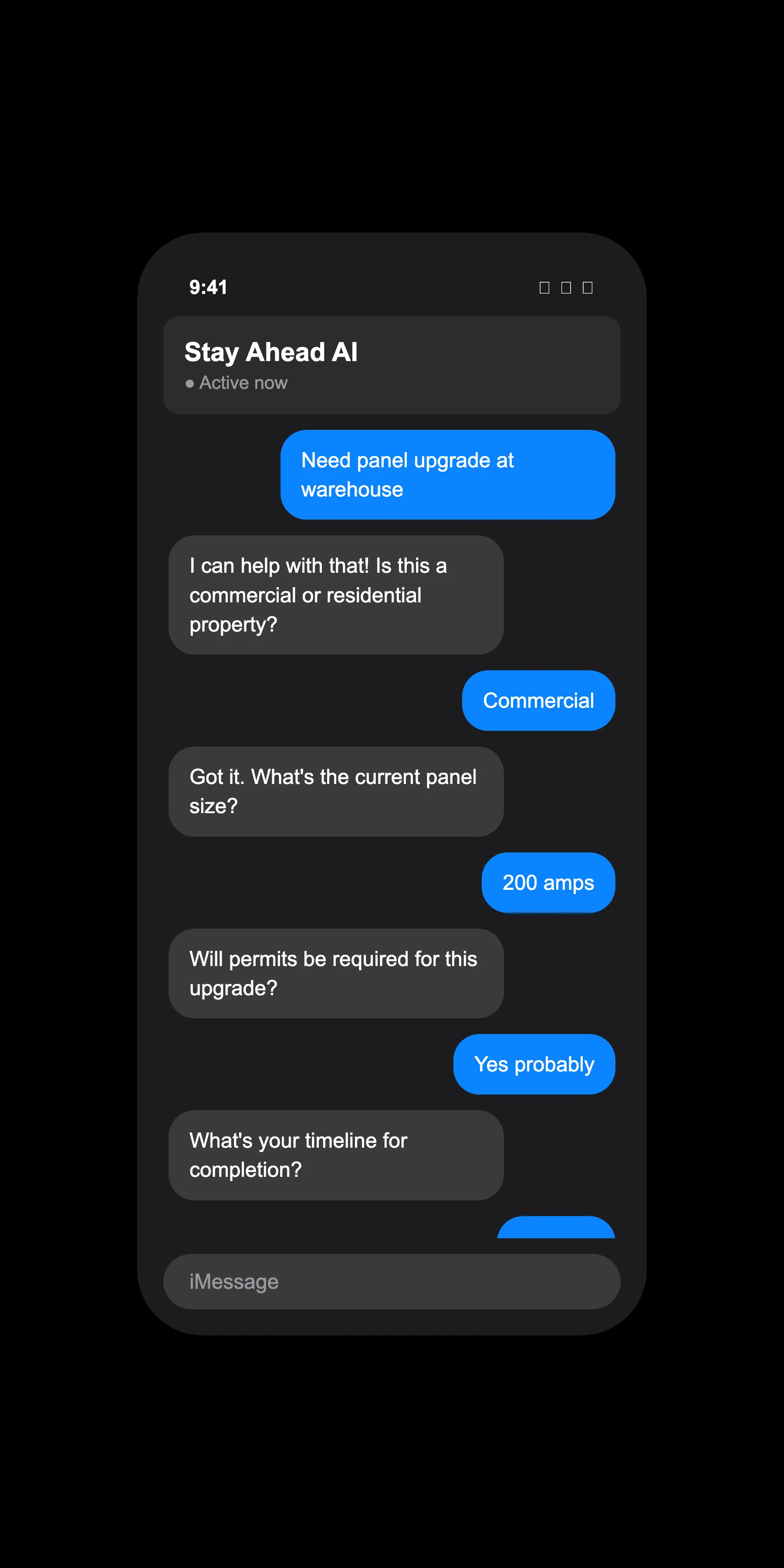 Mobile conversation showing AI operator qualifying electrical service call