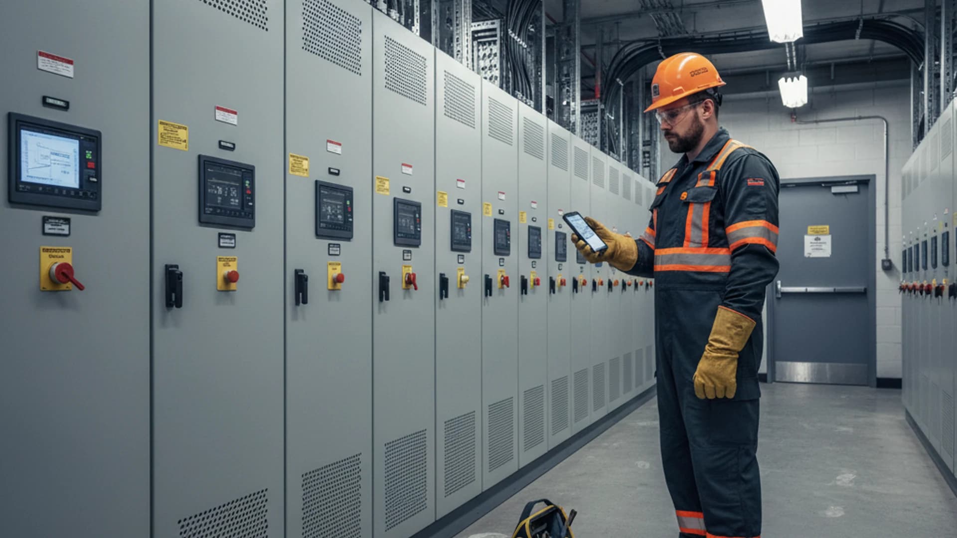 Electrician reviewing job details in a panel room before dispatching to site