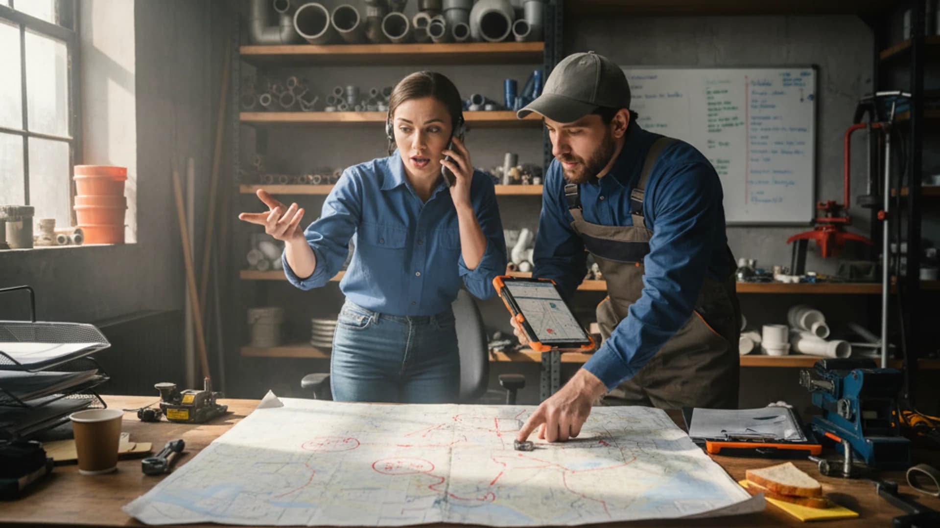 Plumbing dispatch team coordinating urgent and routine jobs from one operations desk