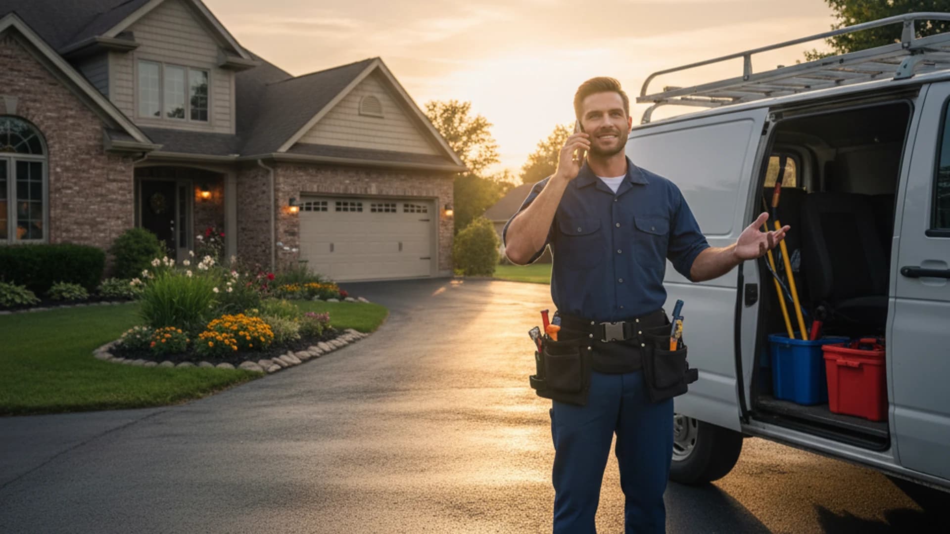Plumber taking an incoming customer call beside a service van at a residential property